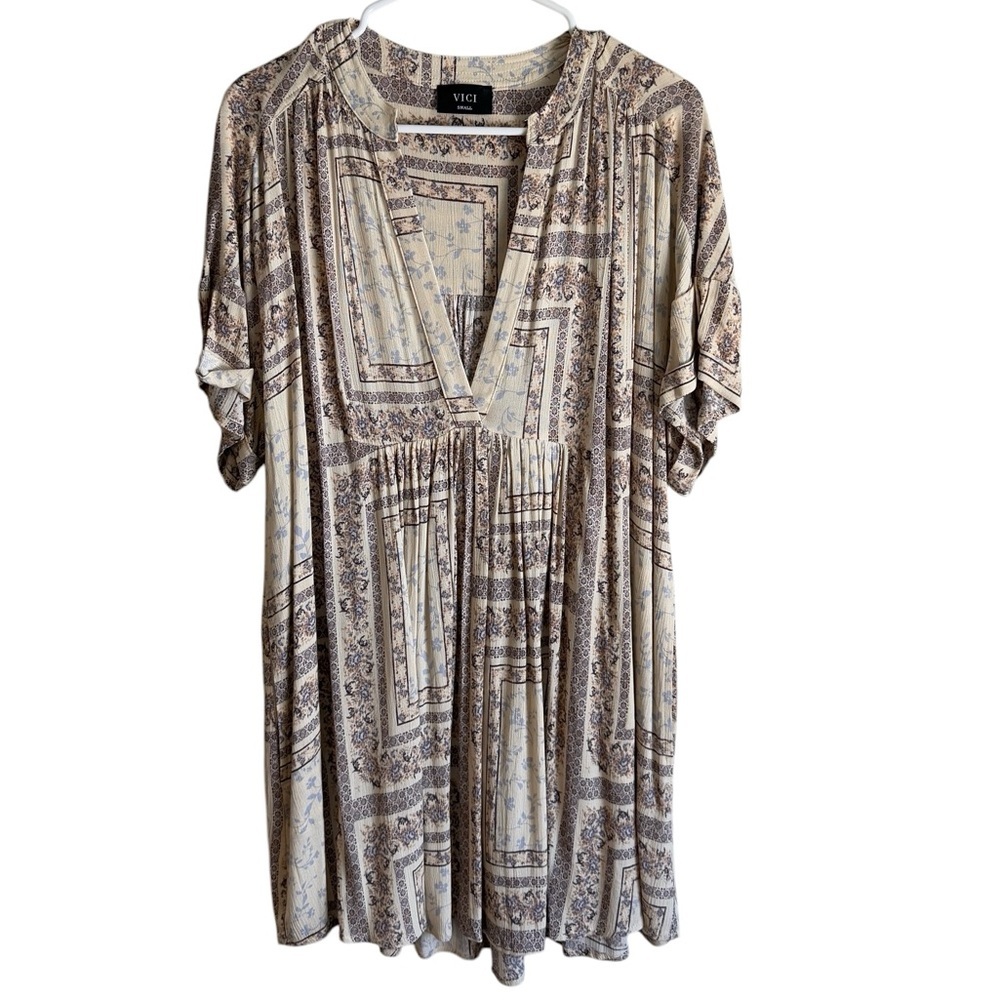 Vici Patchwork Print Boho Dolman Sleeve Pleated Tunic Dress Size Small NWOT